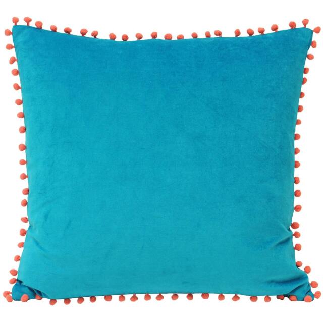 Rackhams Velvet Pompom Cushion Cover - Teal/Coral - 45x45cm - Teal/Coral - 100% Cotton - image 1