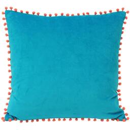 Rackhams Velvet Pompom Cushion Cover - Teal/Coral - 45x45cm - Teal/Coral - 100% Cotton - thumbnail 1