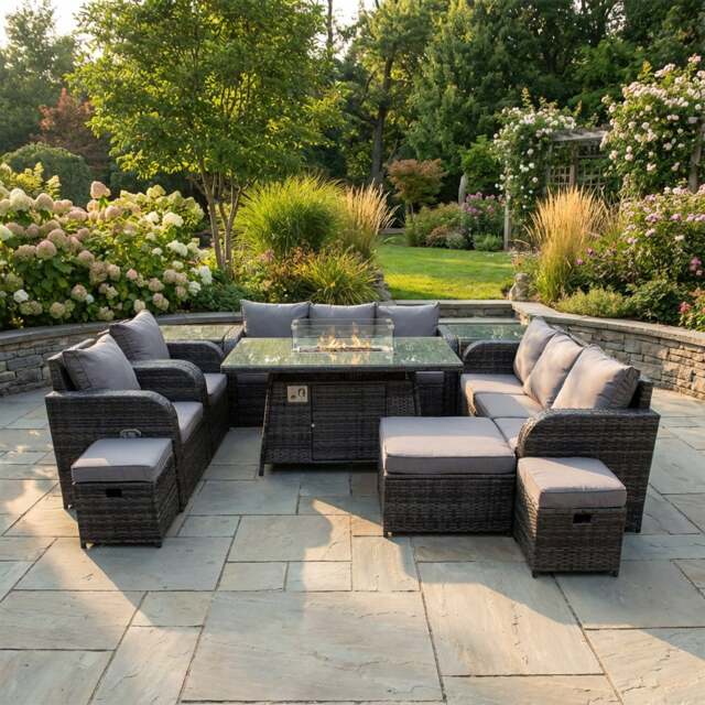 Rackhams 11 Seater Rattan Garden Furniture Set with Gas Fire Pit Dining Table, 2 Side Tables, 2 Reclining Chairs, 2 Sofas & 3 Footstools - Dark Grey - image 1
