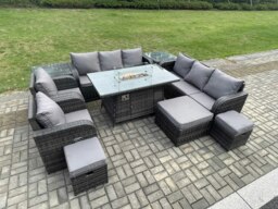 Rackhams 11 Seater Rattan Garden Furniture Set with Gas Fire Pit Dining Table, 2 Side Tables, 2 Reclining Chairs, 2 Sofas & 3 Footstools - Dark Grey - thumbnail 3