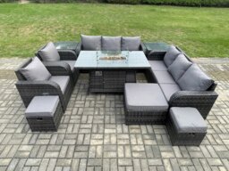 Rackhams 11 Seater Rattan Garden Furniture Set with Gas Fire Pit Dining Table, 2 Side Tables, 2 Reclining Chairs, 2 Sofas & 3 Footstools - Dark Grey - thumbnail 2