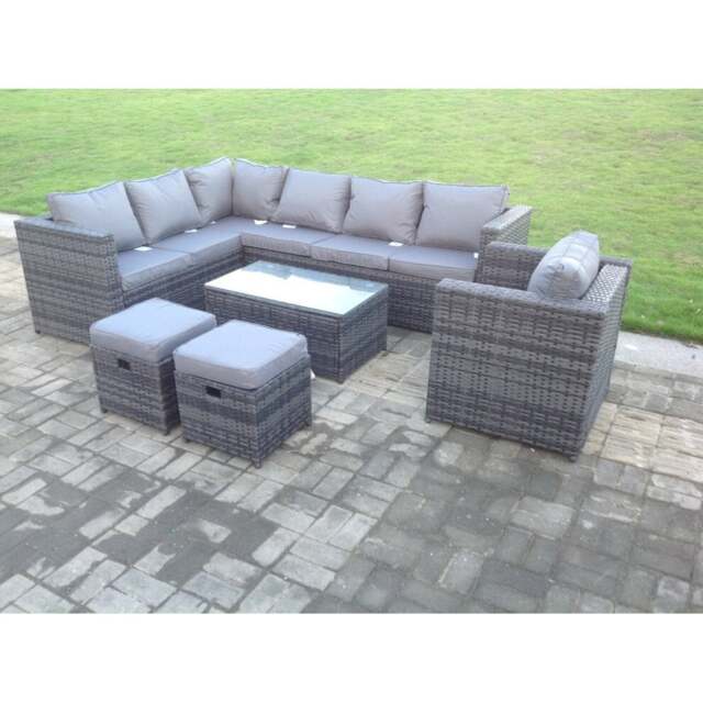 Rackhams Dark Grey Mixed Rattan Garden Furniture Corner Sofa Set Oblong Coffee Table Chair Footstools - image 1