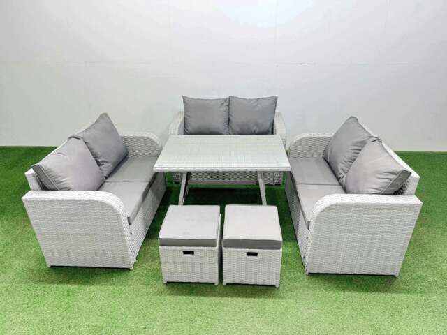 Rackhams Rattan Garden Furniture Dining Set 8 seater Patio Rectangular Table Love Sofa Set with 2 Small Stools - image 1
