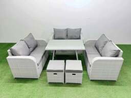 Rackhams Rattan Garden Furniture Dining Set 8 seater Patio Rectangular Table Love Sofa Set with 2 Small Stools - thumbnail 1