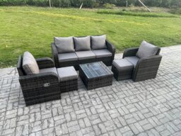 Rackhams Garden Furniture Sets Wicker Rattan Furniture Patio Sofa Sets with Reclining Chair 3 Seater Sofa 2 Small Footstools Dark Grey Mixed - thumbnail 1