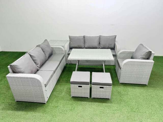 Rackhams 7 Pieces Outdoor PE Rattan Garden Furniture with Cushions Reclining Chair Side Table 2 Small Stools Light Grey - image 1