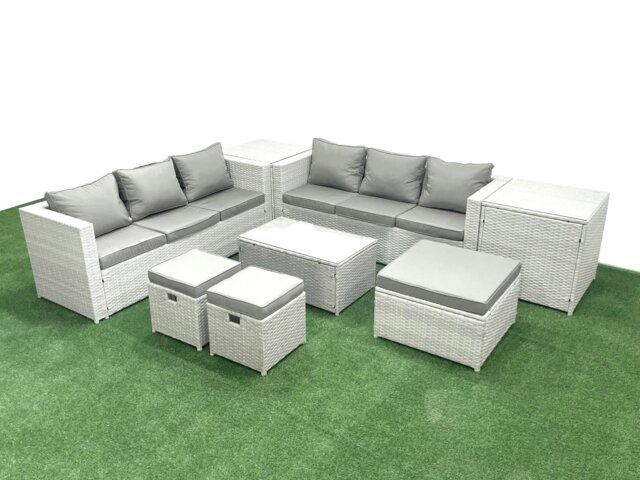 Rackhams Garden Outdoor PE Rattan Furniture Set 9 Seater Rattan Garden Sofa Set with 3 Footstools 2 Side Tables Light Grey Mixed - image 1