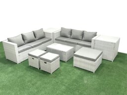 Rackhams Garden Outdoor PE Rattan Furniture Set 9 Seater Rattan Garden Sofa Set with 3 Footstools 2 Side Tables Light Grey Mixed - thumbnail 2