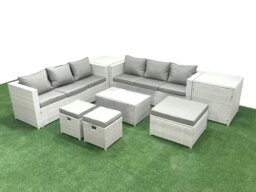 Rackhams Garden Outdoor PE Rattan Furniture Set 9 Seater Rattan Garden Sofa Set with 3 Footstools 2 Side Tables Light Grey Mixed - thumbnail 1
