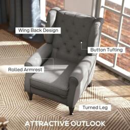 Rackhams Retro Accent Chair, Snow Flannel Wingback Armchair with Wood Frame Button Tufted Design for Living Room Bedroom, Dark Grey - thumbnail 4
