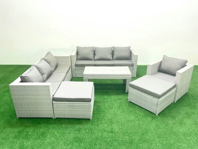 Rackhams Wicker PE Rattan Sofa Garden Furniture Set with Oblong Coffee Table Armchair 2 Big Footstools Side Table Light Grey Mixed - image 1