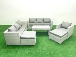 Rackhams Wicker PE Rattan Sofa Garden Furniture Set with Oblong Coffee Table Armchair 2 Big Footstools Side Table Light Grey Mixed - thumbnail 1