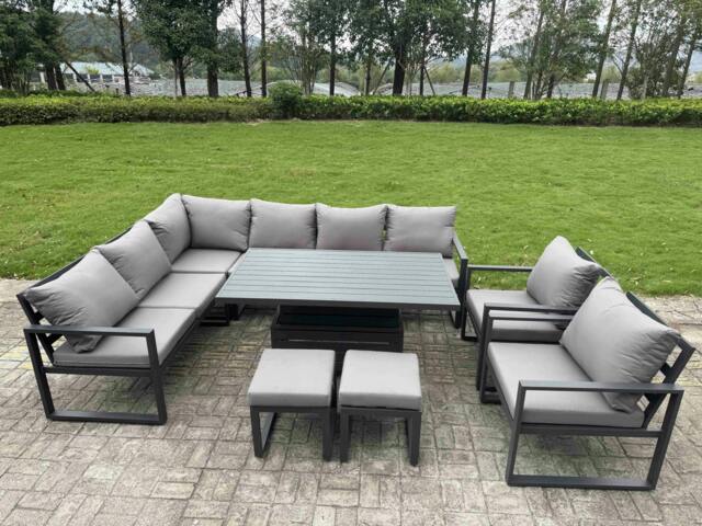 Rackhams 10 Seater Aluminium Garden Furniture Set with Adjustable Rising Dining Table, Chair, 2 Footstools Corner Sofa Set - Dark Grey