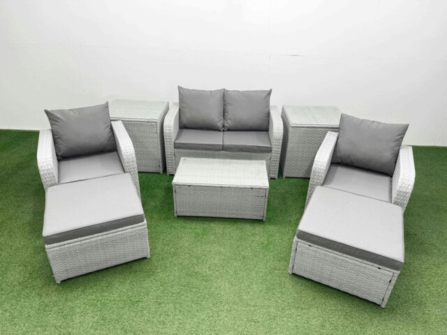 Rackhams 6-Seater Light Grey PE Rattan Sofa Set - Outdoor/Indoor Reclining Chair, Rectangular Coffee Table, 3 Large Footstools, 3 Side Tables - image 1