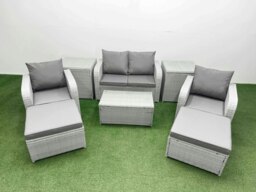 Rackhams 6-Seater Light Grey PE Rattan Sofa Set - Outdoor/Indoor Reclining Chair, Rectangular Coffee Table, 3 Large Footstools, 3 Side Tables - thumbnail 1