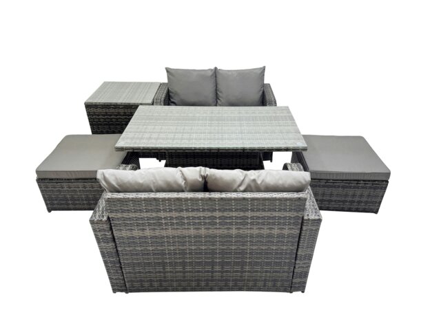 Rackhams 6 seater Patio Height Adjustable Rising Lifting Table Sofa Sets Rattan Garden Furniture Dining Set with 2 Big Stools Side Table Dark Grey Mixed - image 1