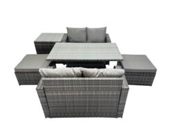 Rackhams 6 seater Patio Height Adjustable Rising Lifting Table Sofa Sets Rattan Garden Furniture Dining Set with 2 Big Stools Side Table Dark Grey Mixed - thumbnail 1