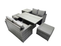Rackhams 6 seater Patio Height Adjustable Rising Lifting Table Sofa Sets Rattan Garden Furniture Dining Set with 2 Big Stools Side Table Dark Grey Mixed - thumbnail 2