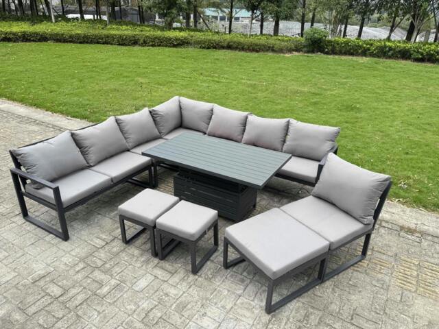 Rackhams 10 Seater Aluminium Garden Furniture Set with Adjustable Rising Dining Table, Corner Sofa, 3 Footstools - Grey
