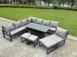 Rackhams 10 Seater Aluminium Garden Furniture Set with Adjustable Rising Dining Table, Corner Sofa, 3 Footstools - Grey - thumbnail 1