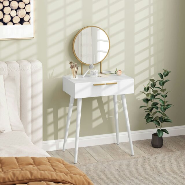 Rackhams Modern Dressing Table w/ 2 Drawers Round Mirror for Bedroom White - White - No - Round mirror - image 1