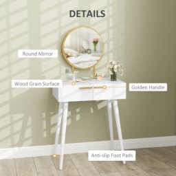 Rackhams Modern Dressing Table w/ 2 Drawers Round Mirror for Bedroom White - White - No - Round mirror - thumbnail 3