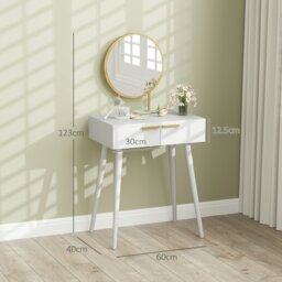 Rackhams Modern Dressing Table w/ 2 Drawers Round Mirror for Bedroom White - White - No - Round mirror - thumbnail 5