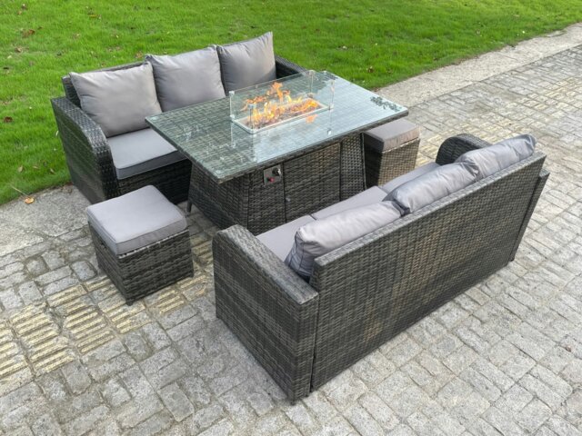 Rackhams Rattan Outdoor Furniture Gas Fire Pit Rectangle Dining Table Gas Heater 3 Seater Lounge Sofa Small Footstools Sets 8 Seater - image 1
