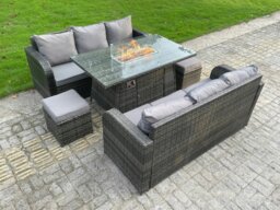 Rackhams Rattan Outdoor Furniture Gas Fire Pit Rectangle Dining Table Gas Heater 3 Seater Lounge Sofa Small Footstools Sets 8 Seater - thumbnail 1