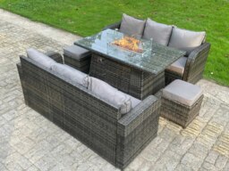 Rackhams Rattan Outdoor Furniture Gas Fire Pit Rectangle Dining Table Gas Heater 3 Seater Lounge Sofa Small Footstools Sets 8 Seater - thumbnail 4