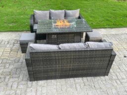 Rackhams Rattan Outdoor Furniture Gas Fire Pit Rectangle Dining Table Gas Heater 3 Seater Lounge Sofa Small Footstools Sets 8 Seater - thumbnail 3