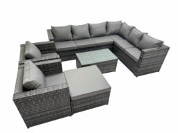 Rackhams Patio Sofa Oblong Coffee Table Set Rattan Garden Furniture Set with 2 Chairs Big Stool Dark Grey Mixed - thumbnail 1