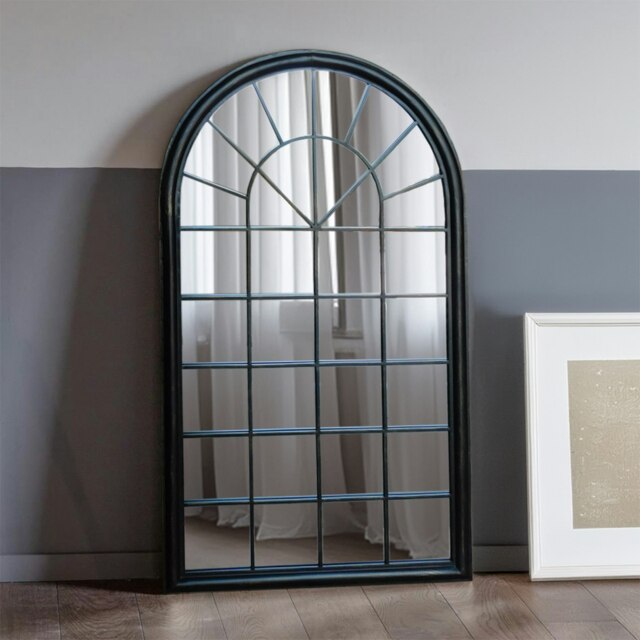 Rackhams Sasha Black Metal Frame Arch Window Wall Mirror 131cm x 75cm - Brown - image 1
