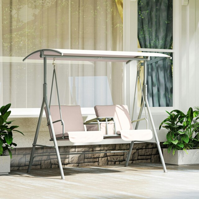 Rackhams 2 Person Covered Patio Swing with Pivot Table & Storage Console Beige - Beige - 1 - Swing Chair - image 1