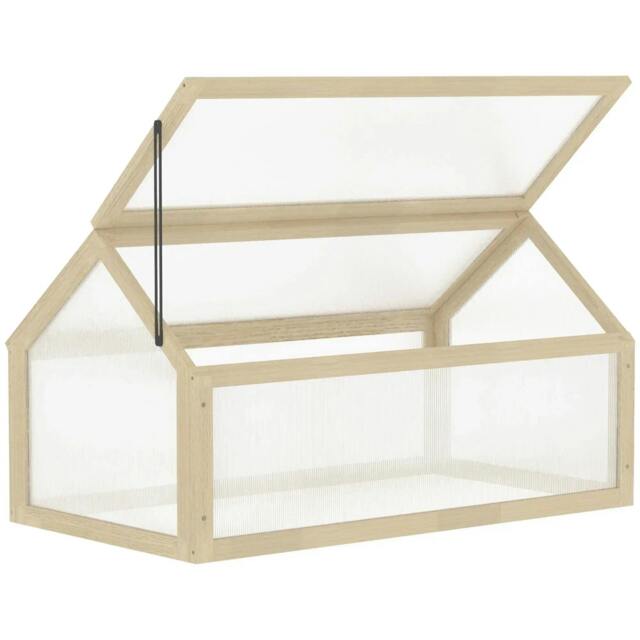 Rackhams Wooden Cold Frame Garden Polycarbonate Greenhouse with Openable Top Cover, Grow House for Flowers, Vegetables, Plants, 90 x 52 x 50cm, Natural - image 1