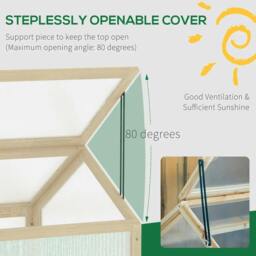 Rackhams Wooden Cold Frame Garden Polycarbonate Greenhouse with Openable Top Cover, Grow House for Flowers, Vegetables, Plants, 90 x 52 x 50cm, Natural - thumbnail 4