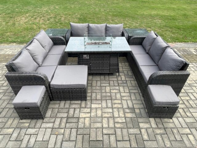 Rackhams Rattan Outdoor Garden Furniture Set with Gas Fire Pit Table, 2 Side Tables, Corner Sofa & 3 Footstools - 12 Seater - Dark Grey - image 1