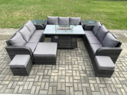 Rackhams Rattan Outdoor Garden Furniture Set with Gas Fire Pit Table, 2 Side Tables, Corner Sofa & 3 Footstools - 12 Seater - Dark Grey - thumbnail 2