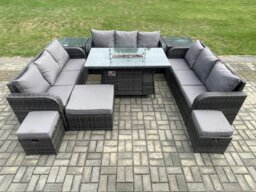 Rackhams Rattan Outdoor Garden Furniture Set with Gas Fire Pit Table, 2 Side Tables, Corner Sofa & 3 Footstools - 12 Seater - Dark Grey - thumbnail 1
