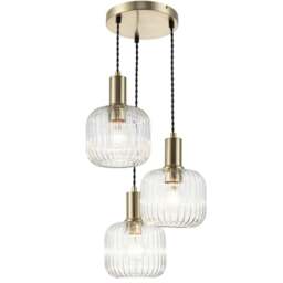 Rackhams Maple 3 Light Ribbed Glass Cluster Pendant Light - Brushed Brass - thumbnail 3