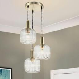 Rackhams Maple 3 Light Ribbed Glass Cluster Pendant Light - Brushed Brass - thumbnail 1