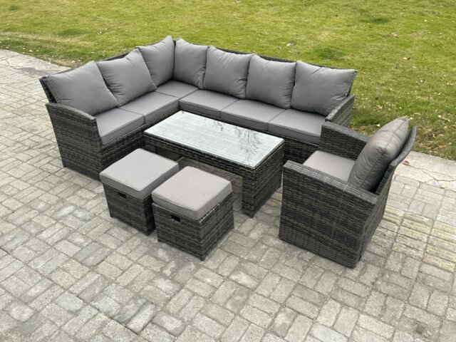 Rackhams 9 Seater Outdoor Rattan Garden Furniture Set Corner Sofa Oblong Coffee Table Sets with Patio 2 Small Footstools Armchair Dark Grey Mixed - image 1
