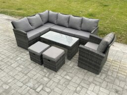 Rackhams 9 Seater Outdoor Rattan Garden Furniture Set Corner Sofa Oblong Coffee Table Sets with Patio 2 Small Footstools Armchair Dark Grey Mixed - thumbnail 1