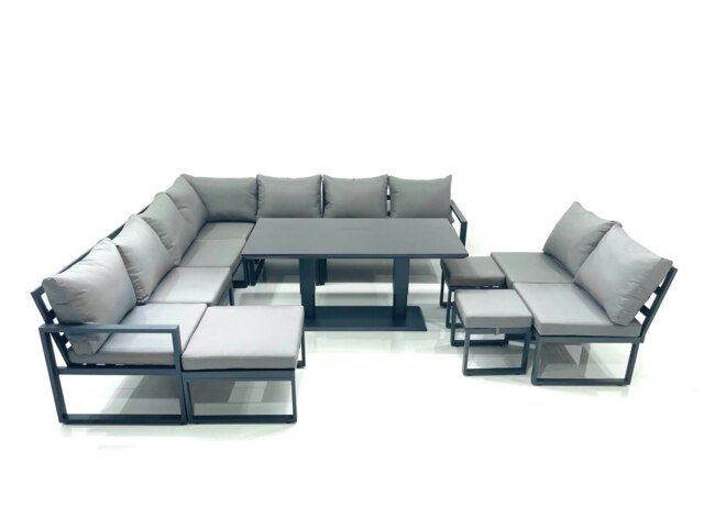 Rackhams 12 Seater Outdoor Aluminium Garden Furniture Set Corner Sofa 3 Footstools Rising Lifting Dining Table Sets Dark Grey