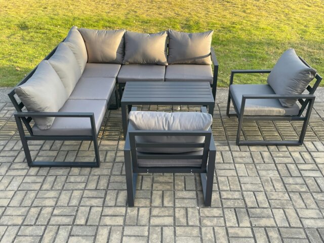 Rackhams Aluminium Outdoor Garden Furniture Set Lounge Sofa Oblong Coffee Table Sets with 2 Pcs Chair Indoor Conservatory Set Dark Grey