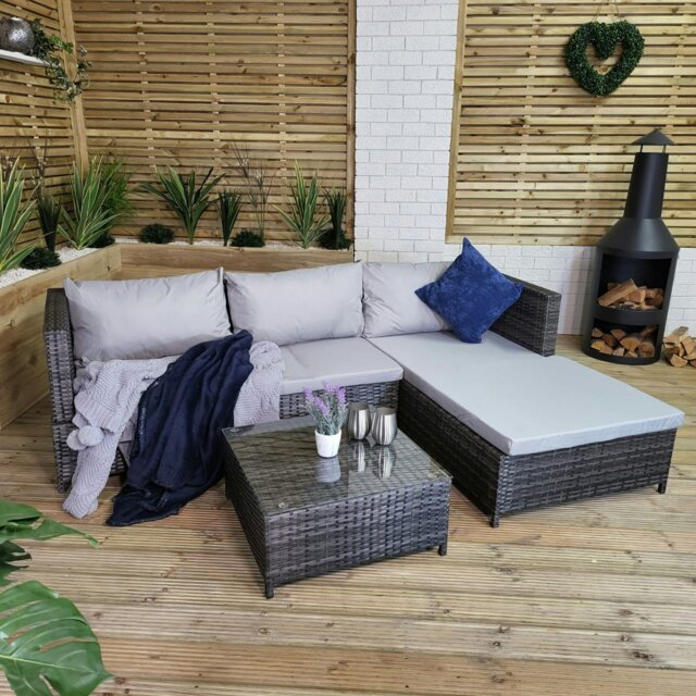 Rackhams 3PC 4 Seater Brown Rattan Chair Garden Sofa Set Daybed With Grey Cushions and Glass Top Coffee Table - image 1