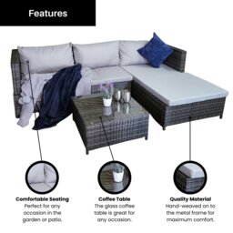 Rackhams 3PC 4 Seater Brown Rattan Chair Garden Sofa Set Daybed With Grey Cushions and Glass Top Coffee Table - thumbnail 2