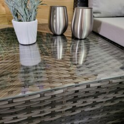 Rackhams 3PC 4 Seater Brown Rattan Chair Garden Sofa Set Daybed With Grey Cushions and Glass Top Coffee Table - thumbnail 5