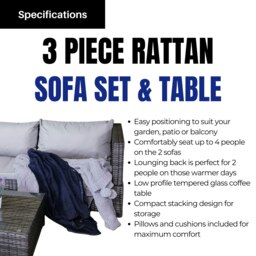 Rackhams 3PC 4 Seater Brown Rattan Chair Garden Sofa Set Daybed With Grey Cushions and Glass Top Coffee Table - thumbnail 4