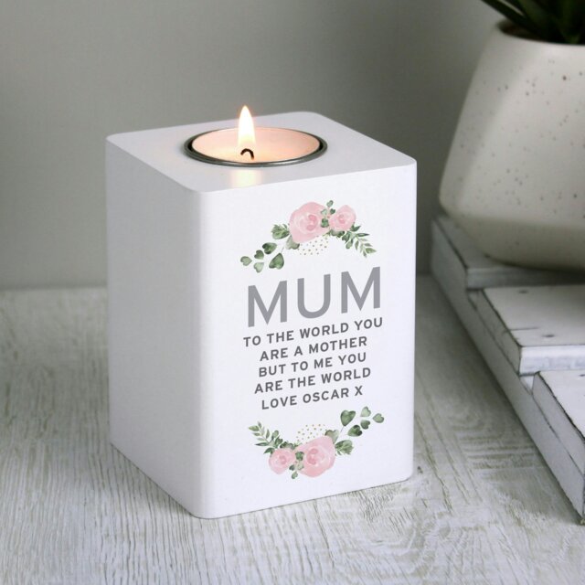 Rackhams Personalised Abstract Rose White Wooden Tea light Holder - image 1